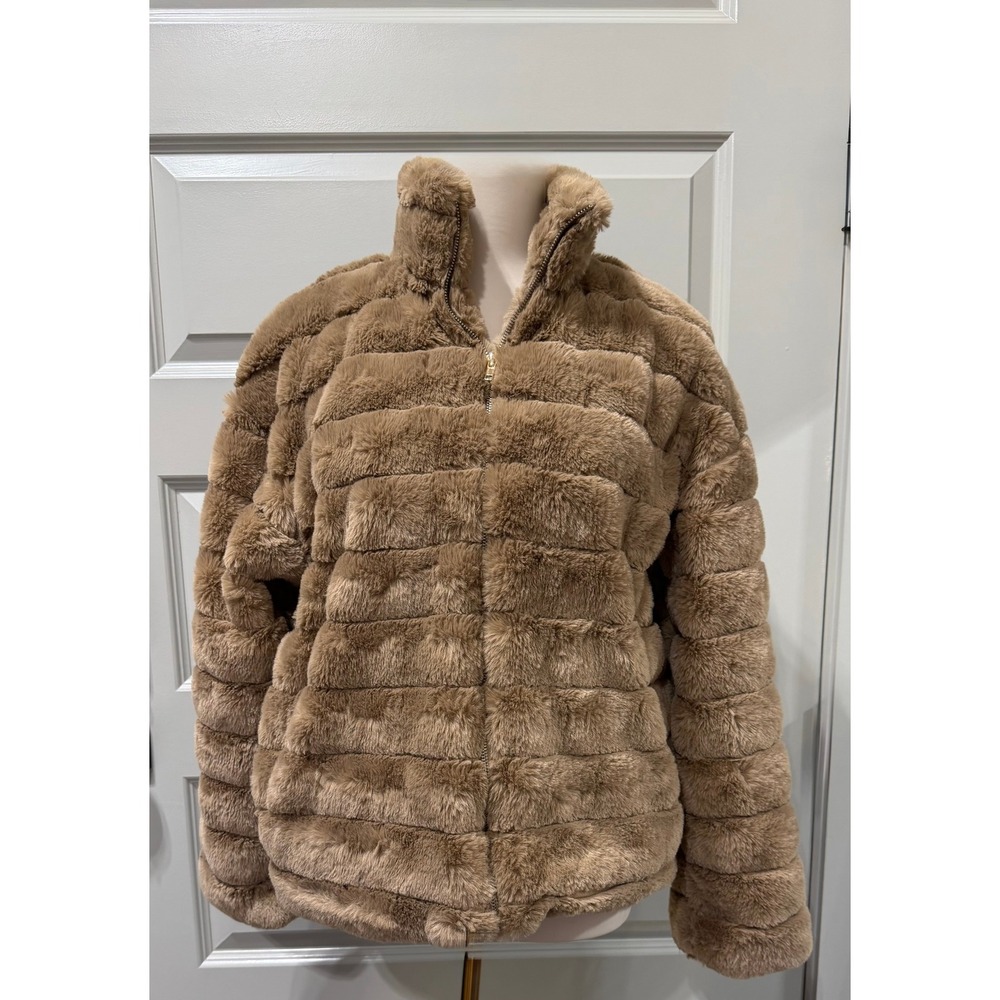 Blu Pepper Women's Boutique Brown Faux Fur Zip Up Jacket Size L, NWT
